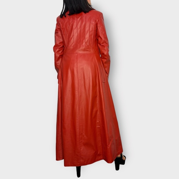 Vintage 1970’s Real Leather Full Length Red Open Coat - Picture 7 of 11